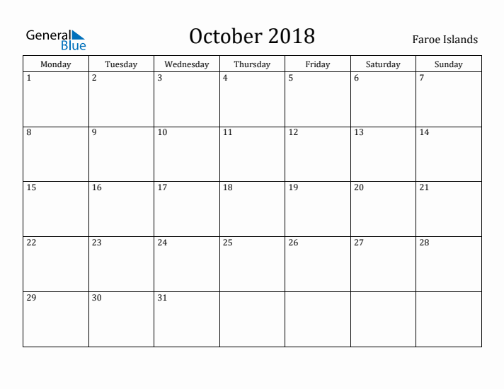 October 2018 Calendar Faroe Islands