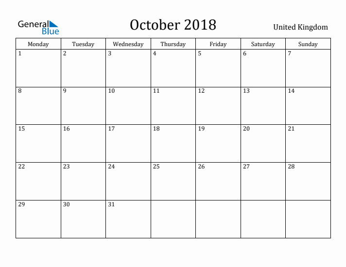 October 2018 Calendar United Kingdom