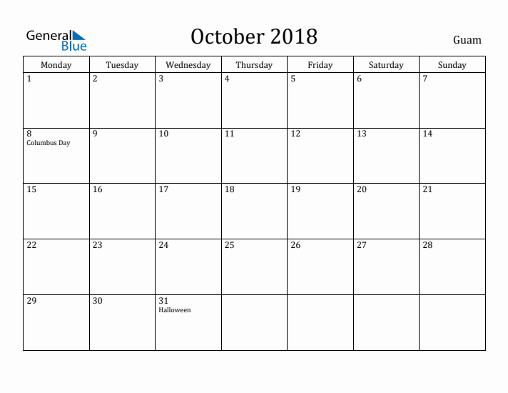 October 2018 Calendar Guam