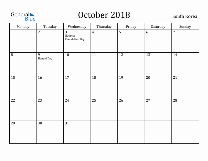 October 2018 Calendar South Korea