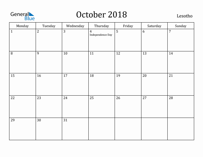 October 2018 Calendar Lesotho