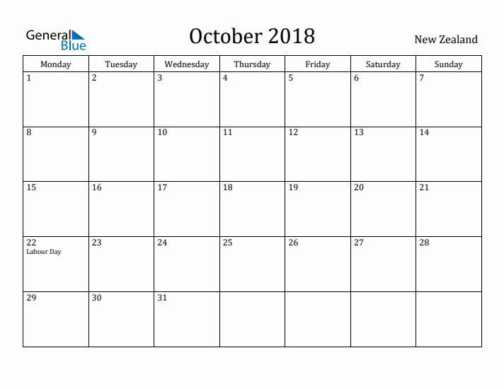 October 2018 Calendar New Zealand