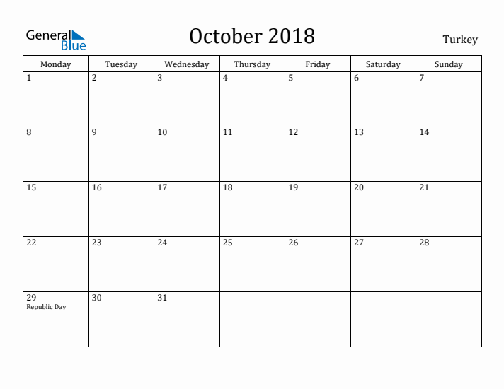 October 2018 Calendar Turkey