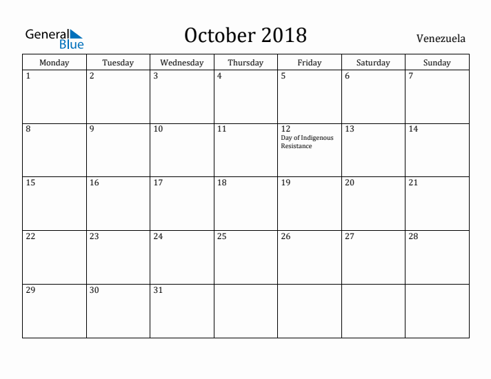 October 2018 Calendar Venezuela