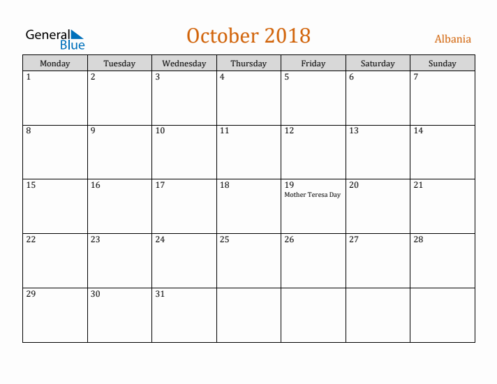 October 2018 Holiday Calendar with Monday Start