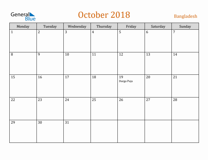 October 2018 Holiday Calendar with Monday Start