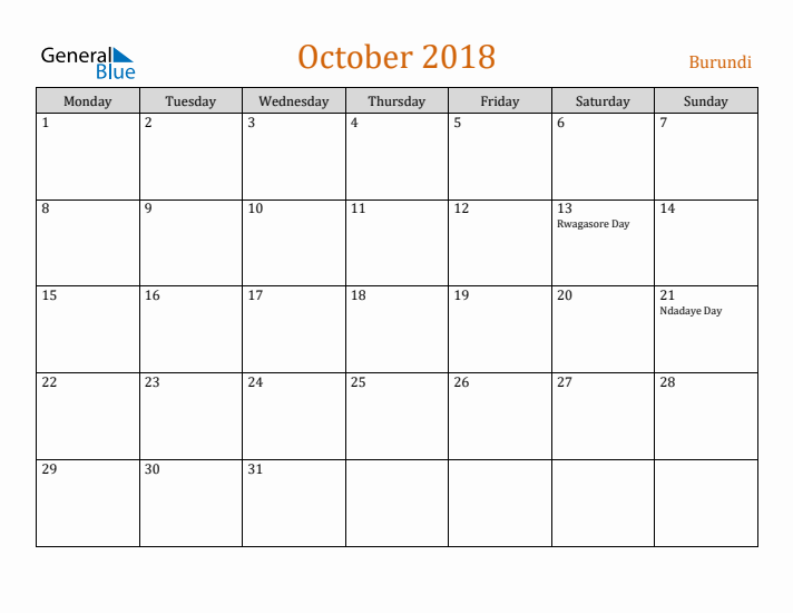 October 2018 Holiday Calendar with Monday Start