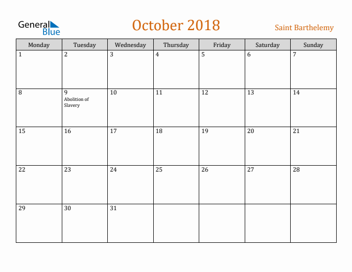 October 2018 Holiday Calendar with Monday Start