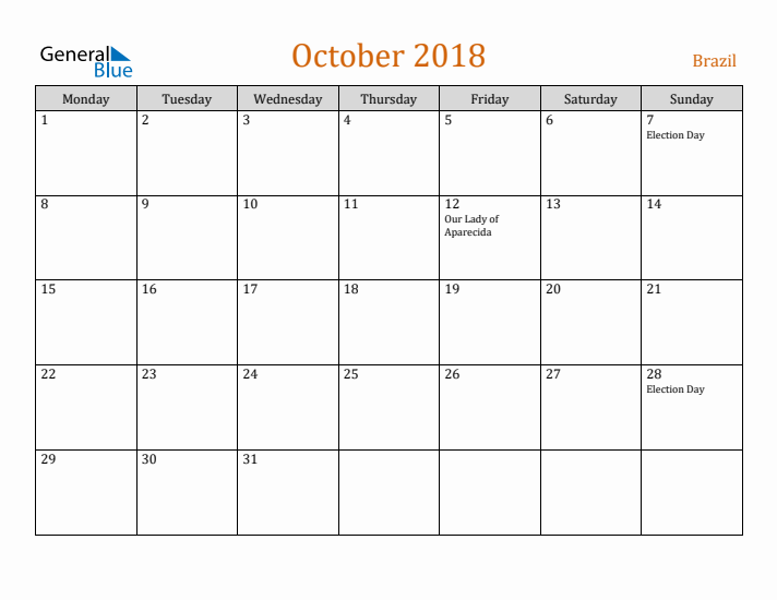 October 2018 Holiday Calendar with Monday Start