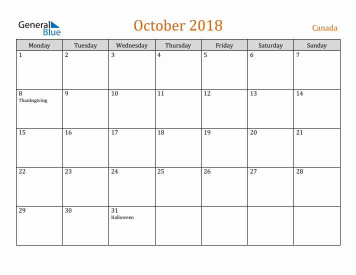 October 2018 Holiday Calendar with Monday Start