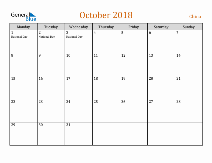 October 2018 Holiday Calendar with Monday Start