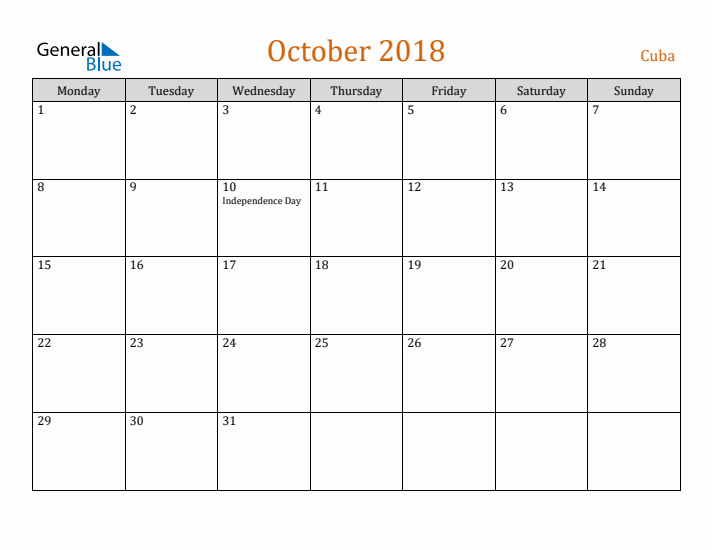 October 2018 Holiday Calendar with Monday Start