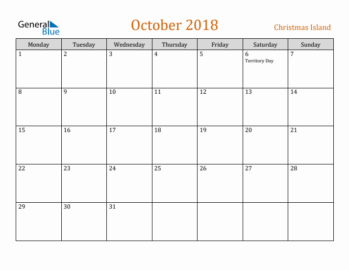 October 2018 Holiday Calendar with Monday Start