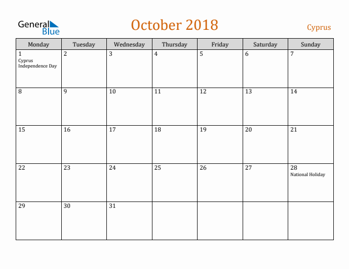 October 2018 Holiday Calendar with Monday Start