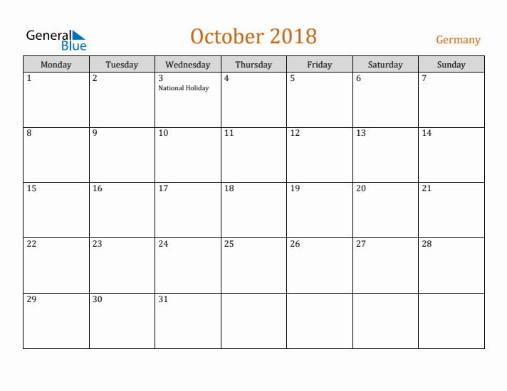 October 2018 Holiday Calendar with Monday Start