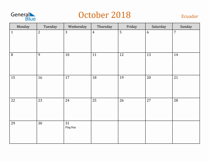 October 2018 Holiday Calendar with Monday Start