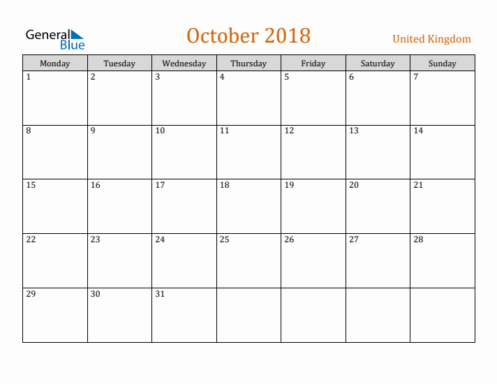 October 2018 Holiday Calendar with Monday Start