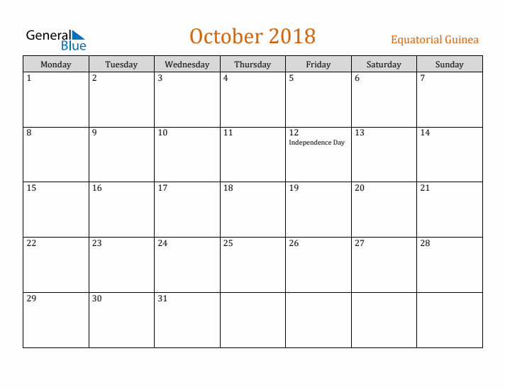 October 2018 Holiday Calendar with Monday Start