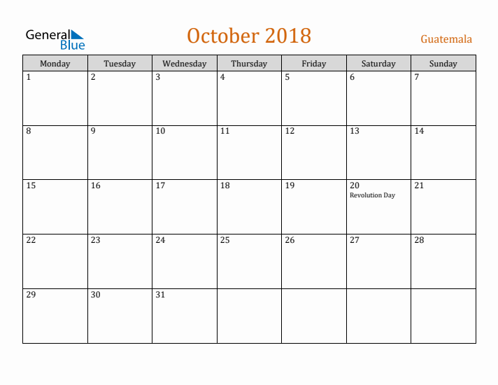 October 2018 Holiday Calendar with Monday Start