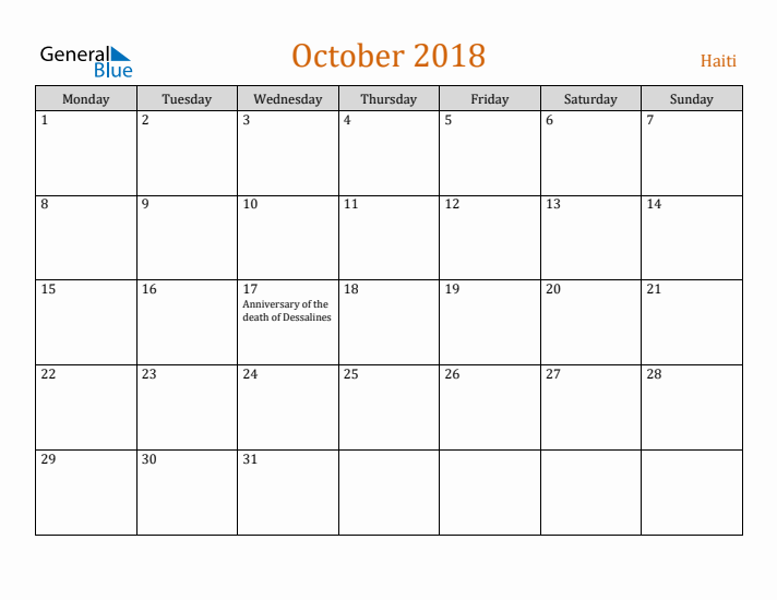 October 2018 Holiday Calendar with Monday Start