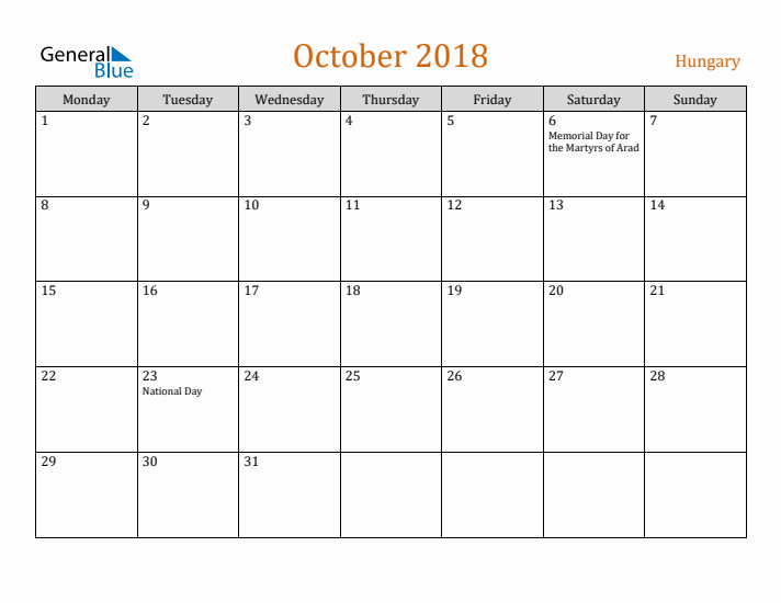 October 2018 Holiday Calendar with Monday Start