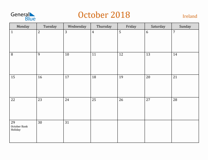 October 2018 Holiday Calendar with Monday Start