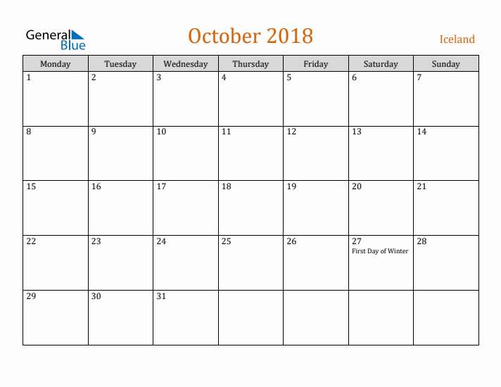 October 2018 Holiday Calendar with Monday Start