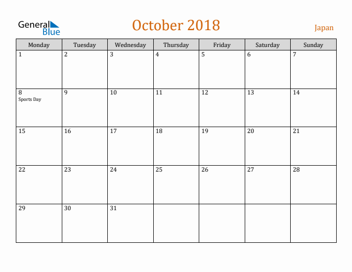 October 2018 Holiday Calendar with Monday Start