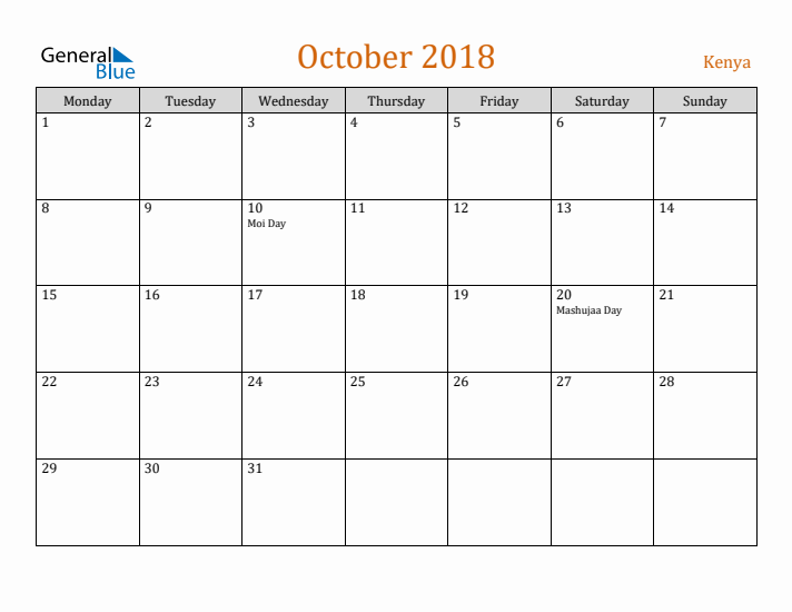 October 2018 Holiday Calendar with Monday Start