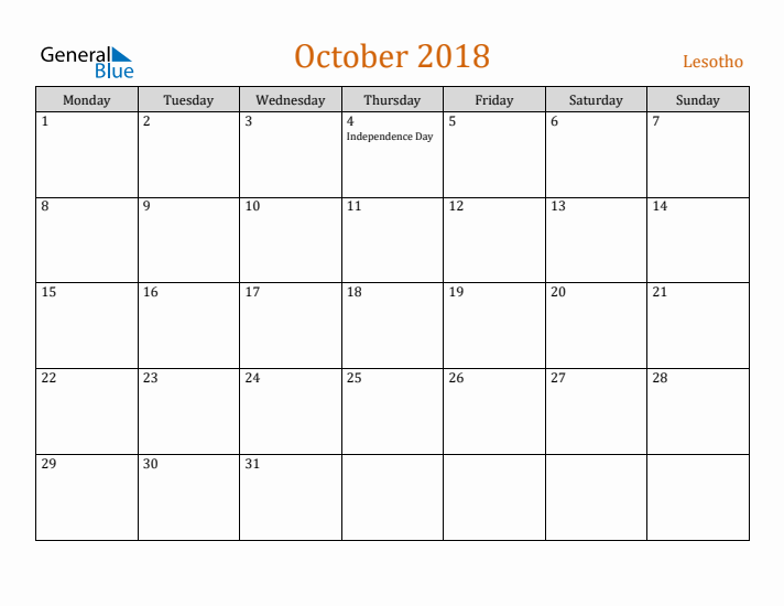 October 2018 Holiday Calendar with Monday Start