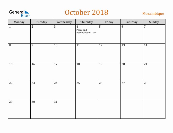 October 2018 Holiday Calendar with Monday Start