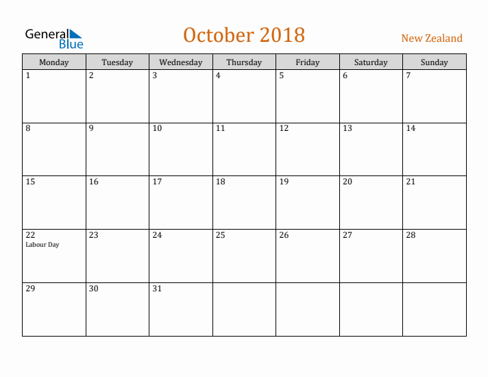 October 2018 Holiday Calendar with Monday Start