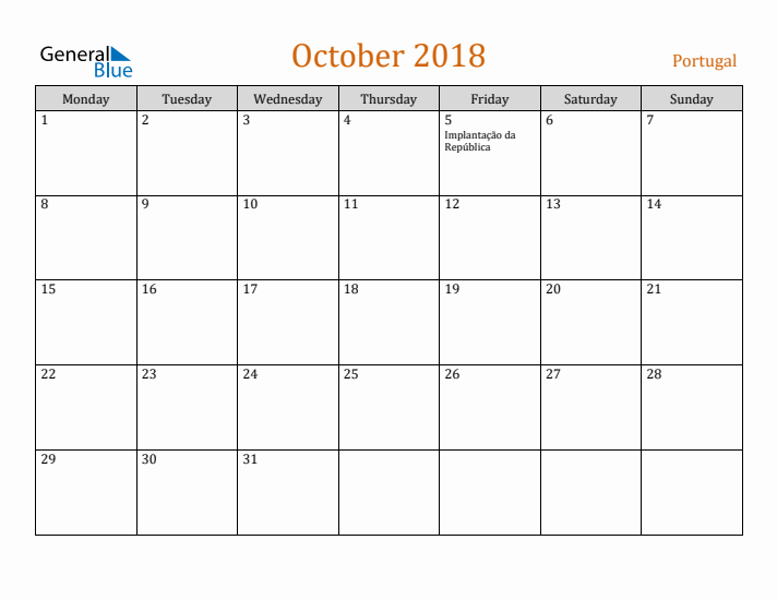 October 2018 Holiday Calendar with Monday Start