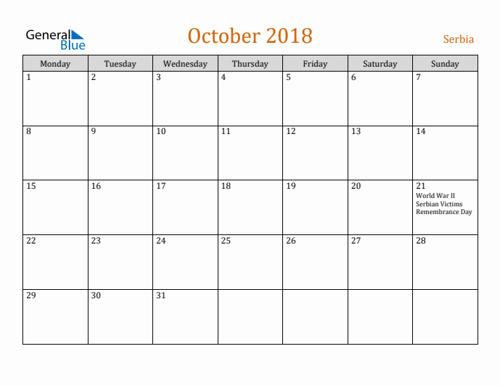 October 2018 Holiday Calendar with Monday Start