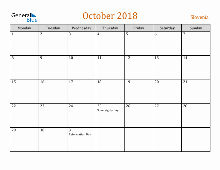 October 2018 Holiday Calendar with Monday Start