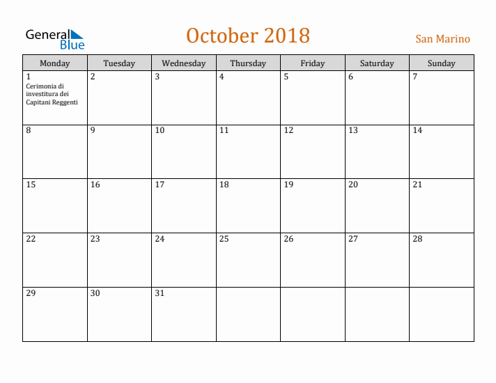 October 2018 Holiday Calendar with Monday Start