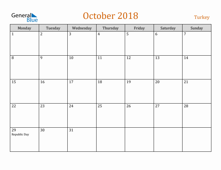 October 2018 Holiday Calendar with Monday Start