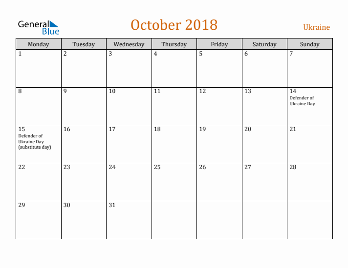 October 2018 Holiday Calendar with Monday Start