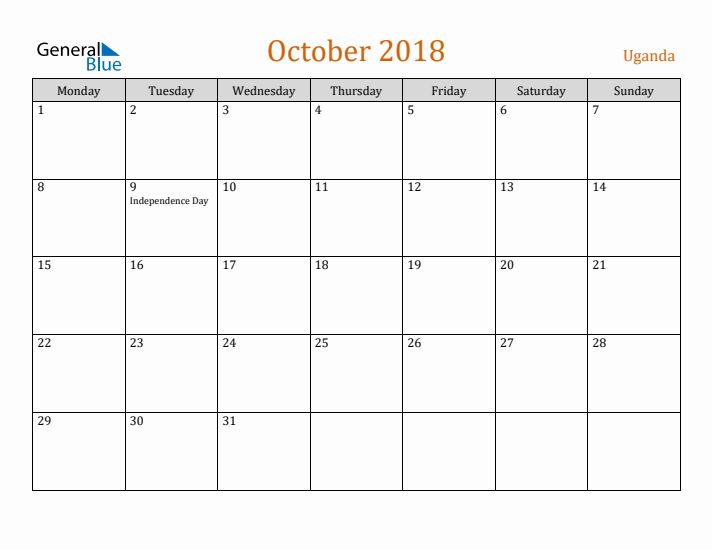 October 2018 Holiday Calendar with Monday Start