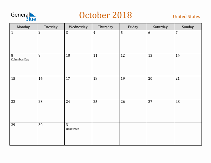 October 2018 Holiday Calendar with Monday Start