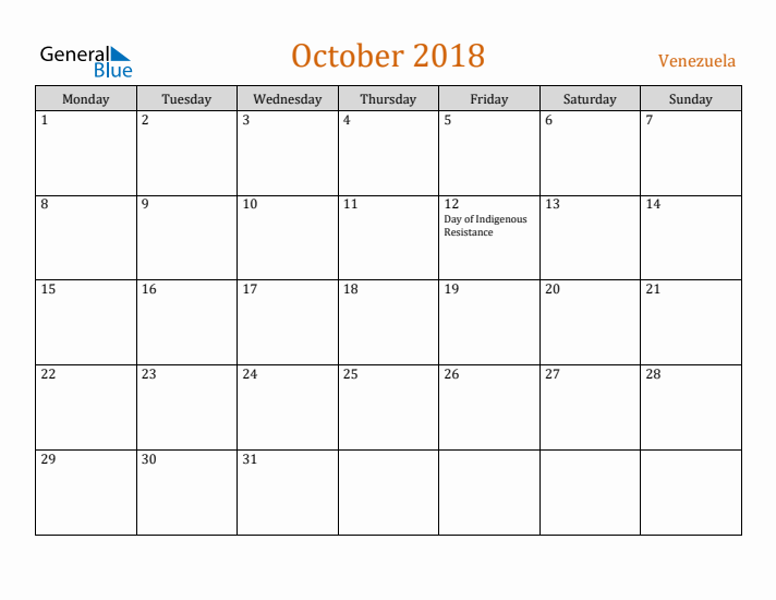 October 2018 Holiday Calendar with Monday Start