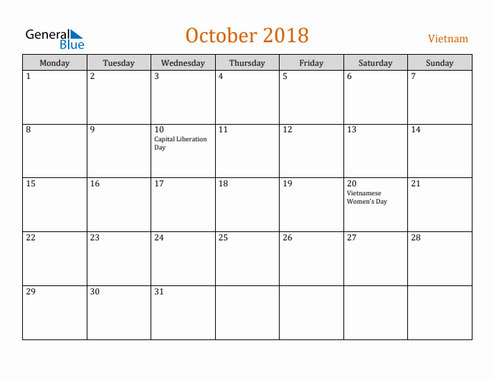 October 2018 Holiday Calendar with Monday Start