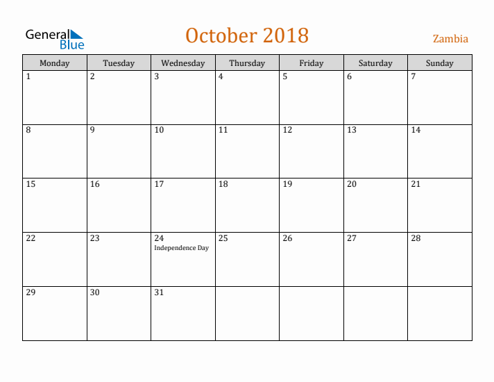 October 2018 Holiday Calendar with Monday Start