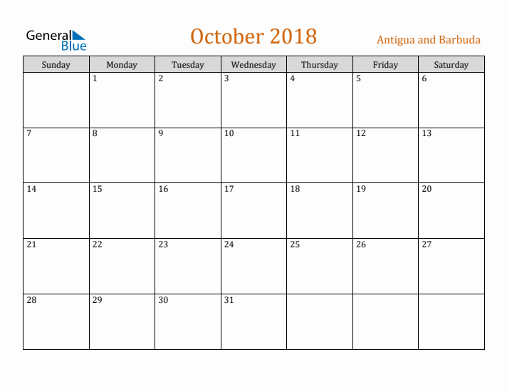 October 2018 Holiday Calendar with Sunday Start