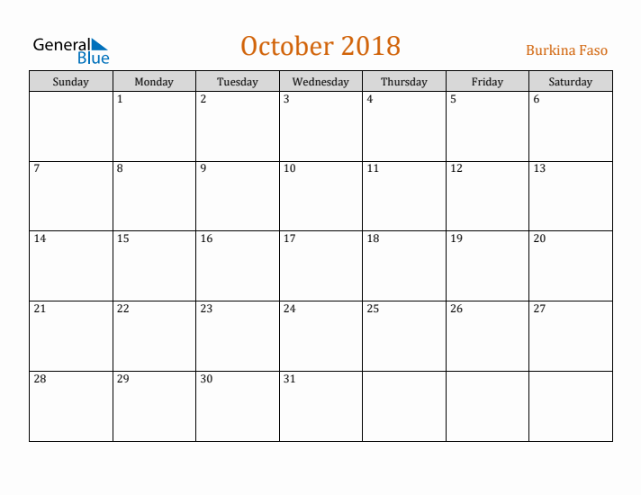 October 2018 Holiday Calendar with Sunday Start