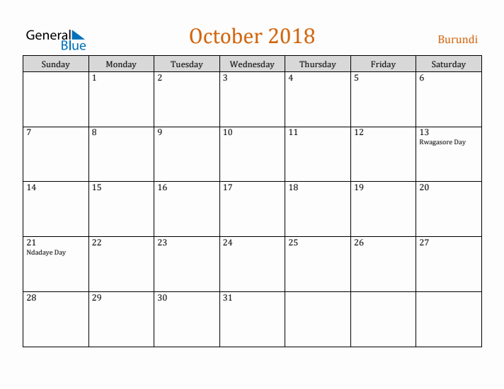 October 2018 Holiday Calendar with Sunday Start