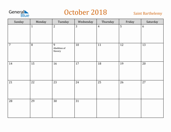 October 2018 Holiday Calendar with Sunday Start