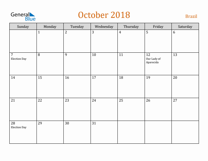 October 2018 Holiday Calendar with Sunday Start