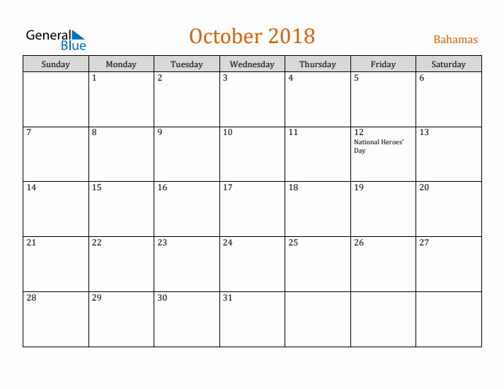 October 2018 Holiday Calendar with Sunday Start