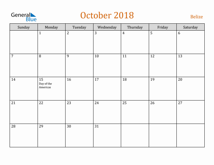 October 2018 Holiday Calendar with Sunday Start